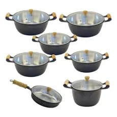 Kit Conjunto Jogo Panela Preta Alumínio Fundido Batido Grosso 7 pçs Cabo de Madeira Tampa De Vidro