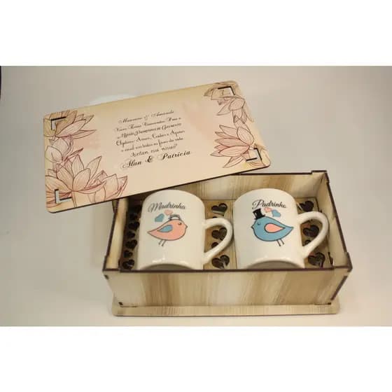 Casamento Padrinhos e Pais caixa rústica MDF Personalizada com 2 canecas porcelana