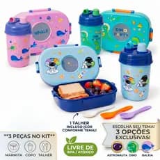 Kit Lancheira Escolar Infantil 3 Peças Marmita C/ Divisórias Copo e Talher BPA Free Menino Menina