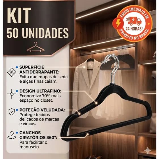 Kit 50 Cabides Veludo Preto Slim Adulto Para Roupas Ultrafino Resistente Antideslizante Rotação 360°