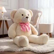 Urso Pelúcia Teddy Gigante Creme 1,10m Com Laço Macio Antialérgico Presente Quarto Infantil