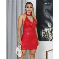 Vestido de Festa Curto Costas Nua Brilho Paete Luxo Gola Franja de Strass Pingente Metalizado Lantejoulas Gringa Balada