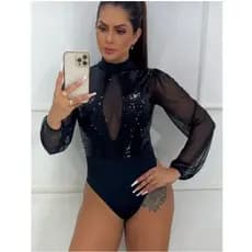 Body Paete Paetê Manga Longa Bufante e Decote Tule Brilho Gola Alta e Bojo Moda Festa Balada Gringa