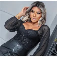 Body Paete Manga Longa Bufante Tule Brilho Lantejoula Moda Feminina Balada Gringa Festa