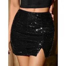 Saia Curta Com Fenda Paete Curta Cintura Alta Brilhante Preto Prata Festa Balada Brilho Gringa Moda Feminina Promoção