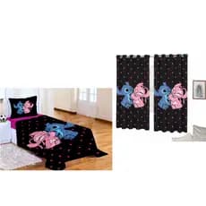 LENÇOL SEM ELASTICO COM FRONHA + CORTINA LILO STITCH PRETO CORAÇÃO