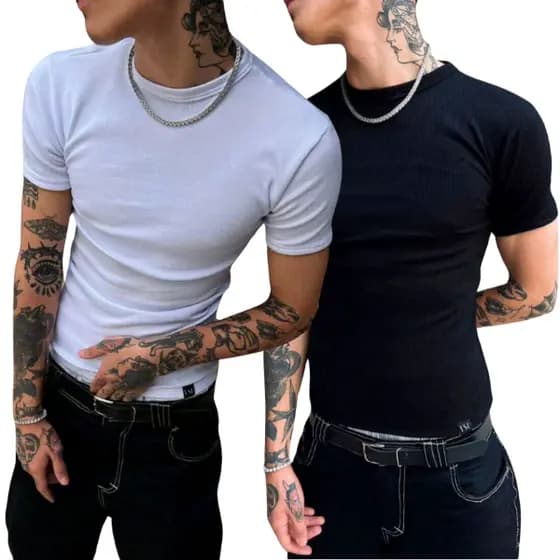 Kit 2 Camisetas Masculina Ribana Canelada Slim Fit Modelo Americano Manga Curta