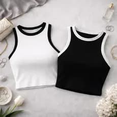 KIT 2 Regata Cropped Feminina Bicolor Top Canelada Blogueira Básica Blusa Verão