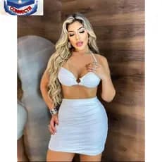 Conjunto Saia Curta + Blusa Cropped Frente única Com Bojo Moda Feminina
