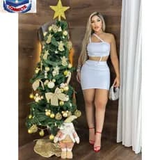 Conjunto Saia Curta + Blusa Cropped Com Detalhe Em Strass Colantes Elegante fashion