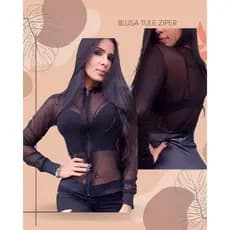 Blusa Feminina Transparente com Ziper Manga longa Bomber