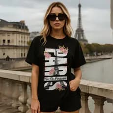 Camiseta Urban Street 33 Paris Preta Feminina Estampa Torre Eiffel La Vie Parisienne
