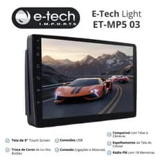 Central Multimidia 9 Pol Espelhamento Android Ios E-Tech Light 2 Din Fundo 1 Din Bluetooth Usb Fm