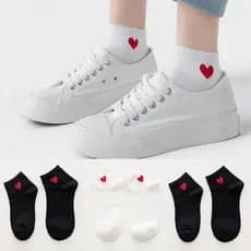 Kit 3-12 Pares Meia Algodão Cano Curto Soquete Coração Branca e Preta Feminina