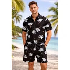 Conjunto Camisa Floral Masculina Manga Curta Viscose Três Bolsos