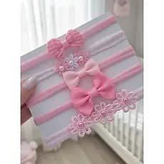 Kit 5 Faixas Bebê Menina Rosa com Laço e Flor – Acessório Infantil Delicado
