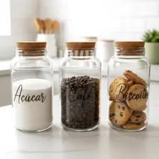 Kit Cantinho do Café - Açúcar, Café e Biscoitos | 3 Potes de Vidro 830ml com Tampa Rolha + Adesivos