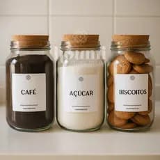 Kit Cantinho do Café - Açúcar, Café e Biscoitos | 3 Potes de Vidro 830ml com Tampa Rolha + Adesivos