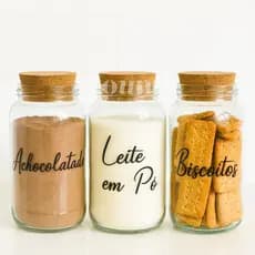 Kit Cantinho de Café - Achocolatado, Leite em Pó e Biscoitos | 3 Potes de Vidro 830ml + Etiquetas