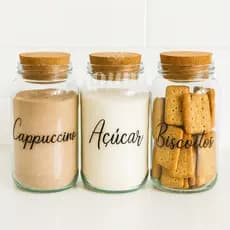 Kit Cantinho do Café - Cappuccino, Açúcar e Biscoitos | 3 Potes de Vidro 830ml com Tampa Rolha + Adesivos