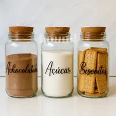 Kit Cantinho do Café - Achocolatado, Açúcar e Biscoitos | 3 Potes de Vidro 830ml com Etiquetas
