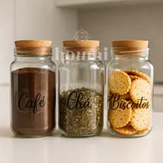 Kit Cantinho do Café - Café, Chá e Biscoitos | 3 Potes de Vidro 830ml com Etiquetas