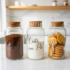 Kit Cantinho do Café - Café, Leite em Pó e Biscoitos | 3 Potes de Vidro 830ml com Etiquetas