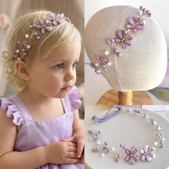 Tiara lilás infantil, lavanda, roxo borboleta, perolas e flores
