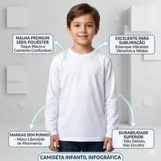 Camiseta Infantil Manga Longa Branca 100% Poliéster Lisa Para Sublimação Qualidade Premium Atacado