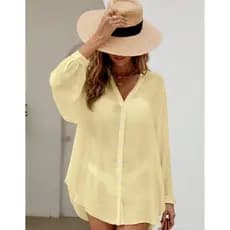 Camisa Camisão Chemise Com Botões Manga Longa Saida de Praia Solta Moda Verão