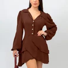 Vestido Feminino Curto Social Elegante Com Babados e Botões Camisa Chemise Promoção Lançamento