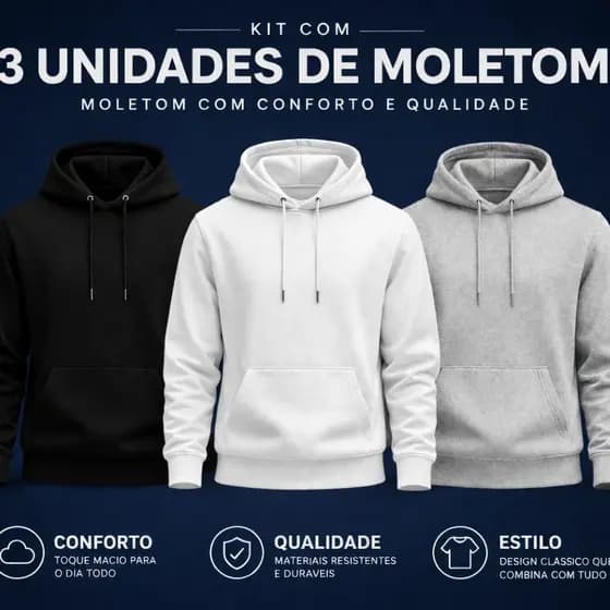 Kit 3 Unidades Moletom Masculino Aconchego Jaqueta Térmica com Capuz e Bolso Flanelado Inverno Estilo