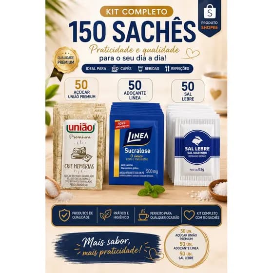 Kit 150 Sachês – 50 Açúcar União Premium + 50 Adoçante Linea + 50 Sal Lebre