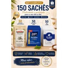 Kit 150 Sachês – 50 Açúcar União Premium + 50 Adoçante Linea + 50 Sal Lebre