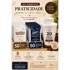 Kit 50 Sachês de Açúcar União + 50 Sachês de Adoçante + 20 Copos Térmicos