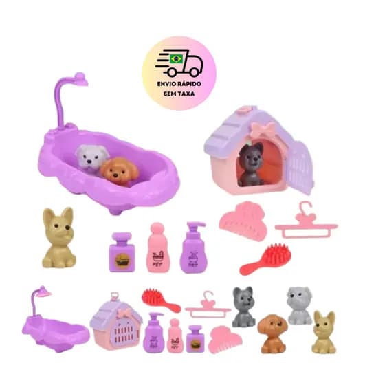 BRINQUEDO PET CACHORROS COM BANHEIRA E CASINHA + ACESSÓRIOS