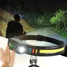 Lanterna de Cabeça LED com Sensor de Indução, Bateria Integrada, Recarregável por USB