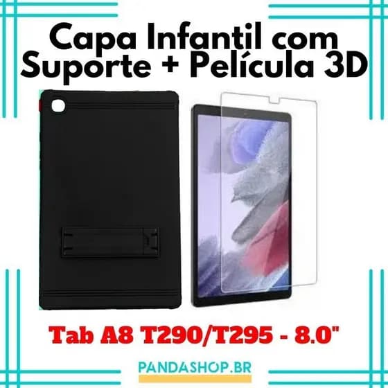 Kit Capa Case Bumper Infantil com Suporte de Mesa + Pelicula de Vidro Temperado para Samsung A8 T290/T295 - 0.8" Polegadas