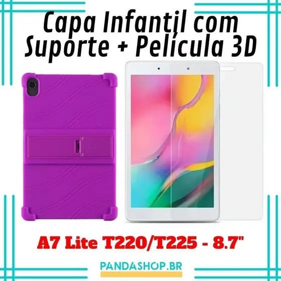 Kit Case Com Suporte para Apoio de Mesa + Pelicula 3D Vidro Temperado Compativel com Samsung Tab A7 Lite T220/T225 - 8.7" Polegadas