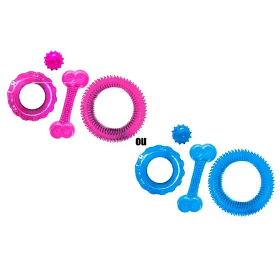 Kit brinquedos para cachorro anêmona + bolinha/bola cravo + osso/ossinho massageador + pneu mini