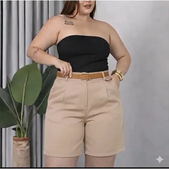 Bermuda com CINTO CARAMELO Alfaiataria  Feminino Plus Size Estilo Social Elegante Com Elástico nas Costas