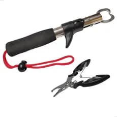 Kit Alicate De Contenção Pega Peixe + Alicate Multifuncional Split Ring Corta Linha Tira Garateia - Diversas Cores