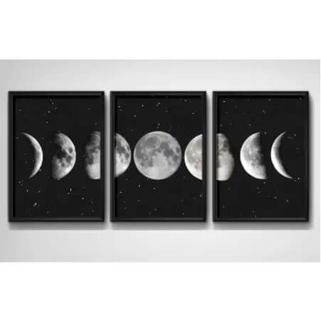Quadros Decorativo 3 Peças Fases da Lua Preto e Branco Estrelas