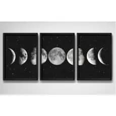 Quadros Decorativo 3 Peças Fases da Lua Preto e Branco Estrelas