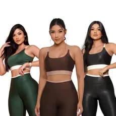 KIT C/3 Conjuntos Bicolor Top + Legging Cintura Alta Feminino Roupa de Academia Bojo Removível