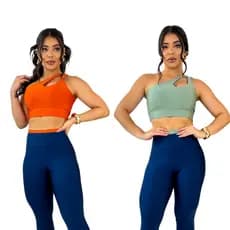 KIT C/2 Conjuntos Calça Legging e Top Nula Manga Roupa de Academia Feminina Crossfit Fitness Bojo