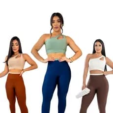 KIT C/3 Conjuntos Top Nula manga + Legging Cintura Alta Feminino roupa de academia Bojo Removível Zero transparência