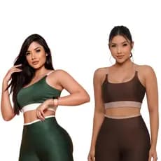 KIT C/2 Conjuntos Bicolor Top + Legging Cintura Alta Feminino Roupa de Academia Bojo Removível