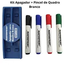 Kit Pincel Para Quadro Branco Recarregável 2 Cores Diversas e Apagador Quadro Branco Masterprint