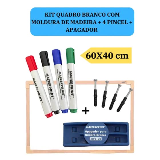 Lousa Branca Quadro Branco 60x40cm + 4 Pincel Marcadores  + 1 Apagador Didática Média